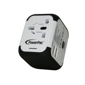 POWERPAC PP7971 MULTI TRAVEL ADAPTOR W/2XUSB CHARGER WHITE 2.5A - PowerPac