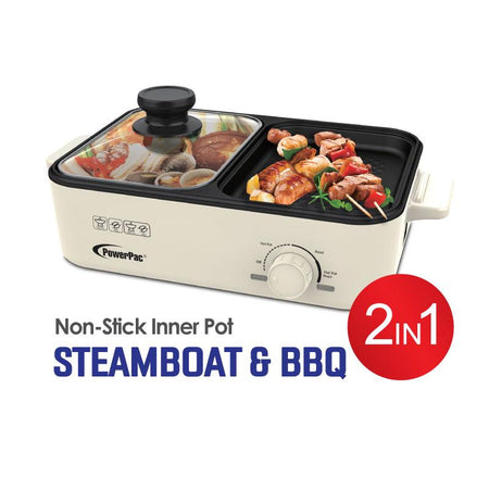 POWERPAC PPMC728 2 IN 1 STEAMBOAT BBQ PLATE, 1000W