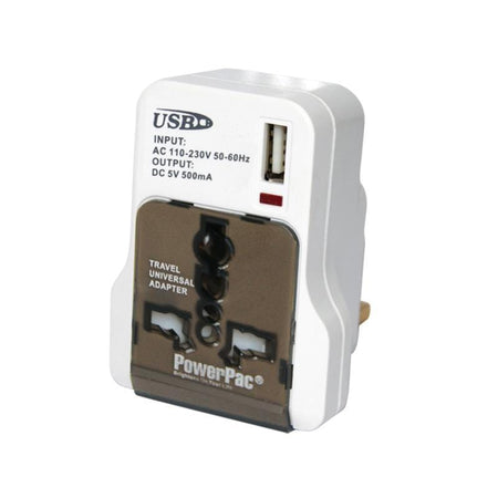 POWERPAC PTU13 TRAVEL ADAPTER W/USB CHARGER 1000MA - PowerPac